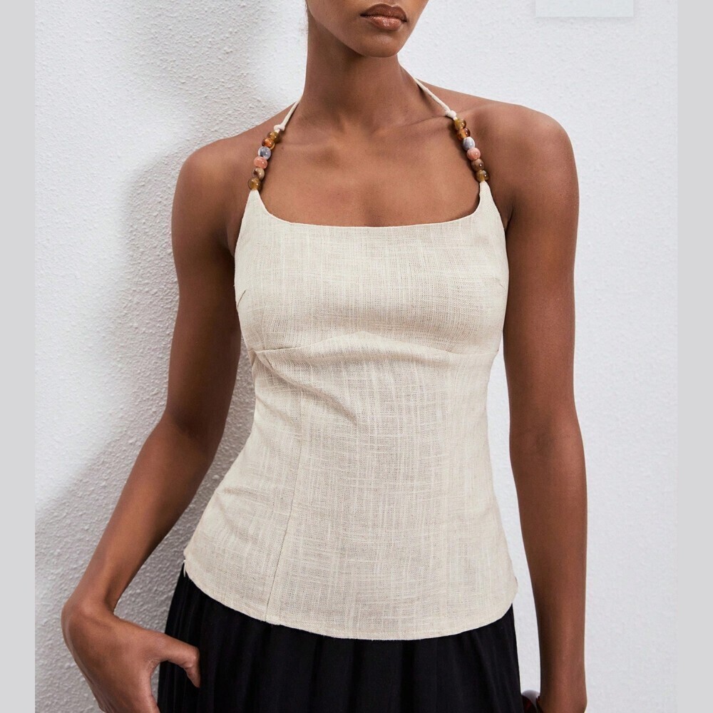 Cream Linen Blend Halter Top with Beaded Straps